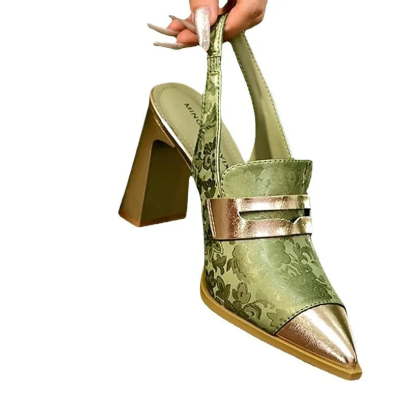 Korean style chunky heel sandals with pointed toe and high-cut elastic strap in three colours