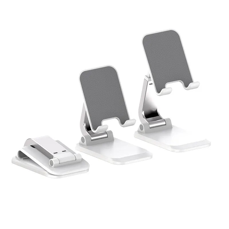 Foldable aluminium alloy desktop phone holder in black with silica gel grip for hands-free viewing