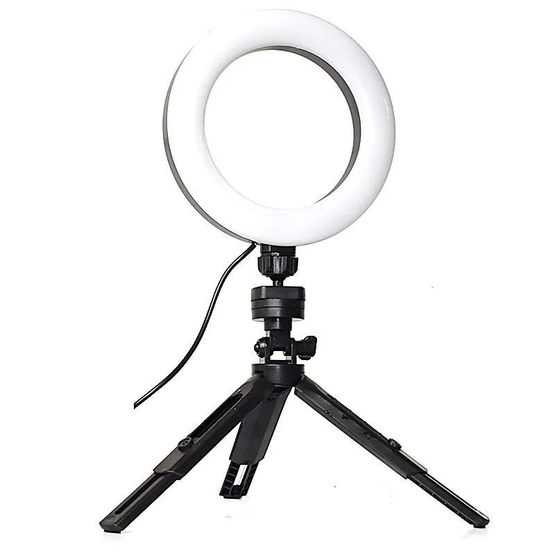 Black mobile live streaming bracket with adjustable colour fill light mounted on desktop tripod