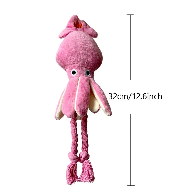 Pink squid plush dog chew toy with squeaky sound, 32cm corduroy, for small medium dogs