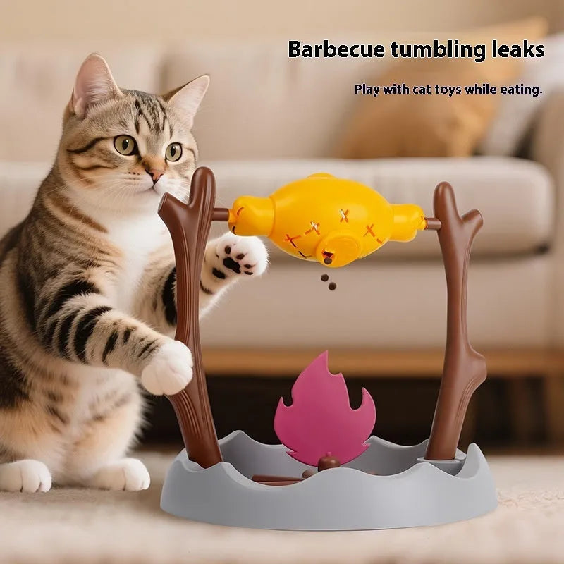 Barbecue-style cat feeder toy with tumbling design for slow feeding, dimensions 30x30x29cm