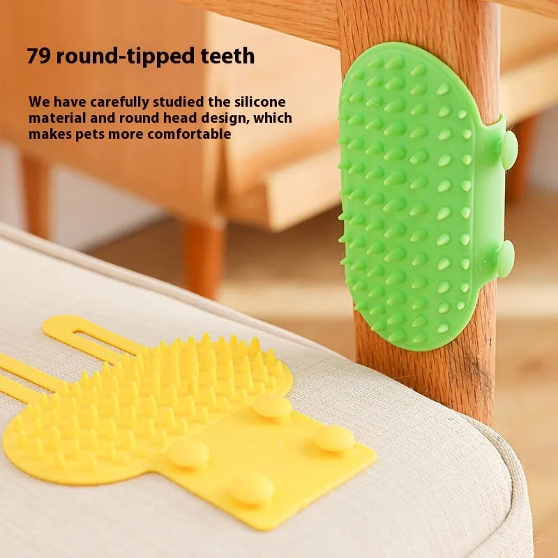 Silicone cat grooming comb with rounded teeth and adjustable strap in chosen colour