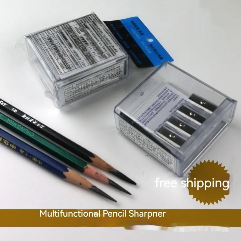 Geometric four-hole pencil sharpener with plastic construction and included screwdriver