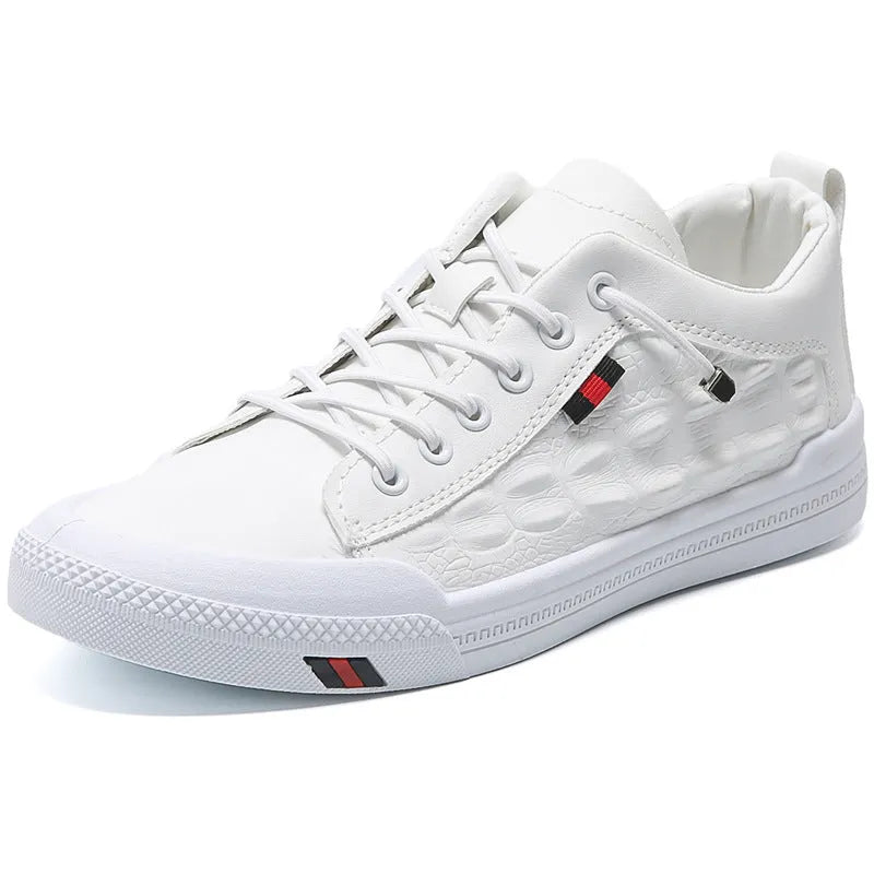 White men's lace-up casual sneakers with round toe and rubber sole