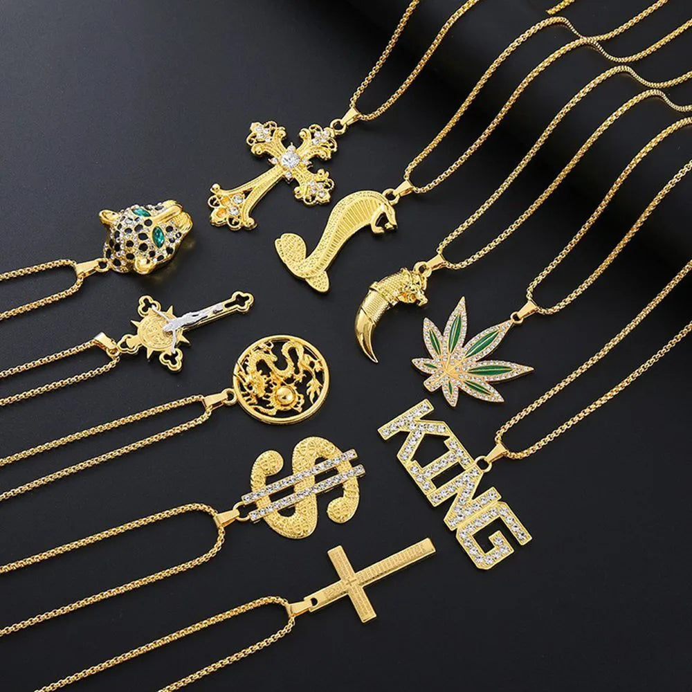 Geometric gold colour alloy pendant zircon necklace with diamond cut stones