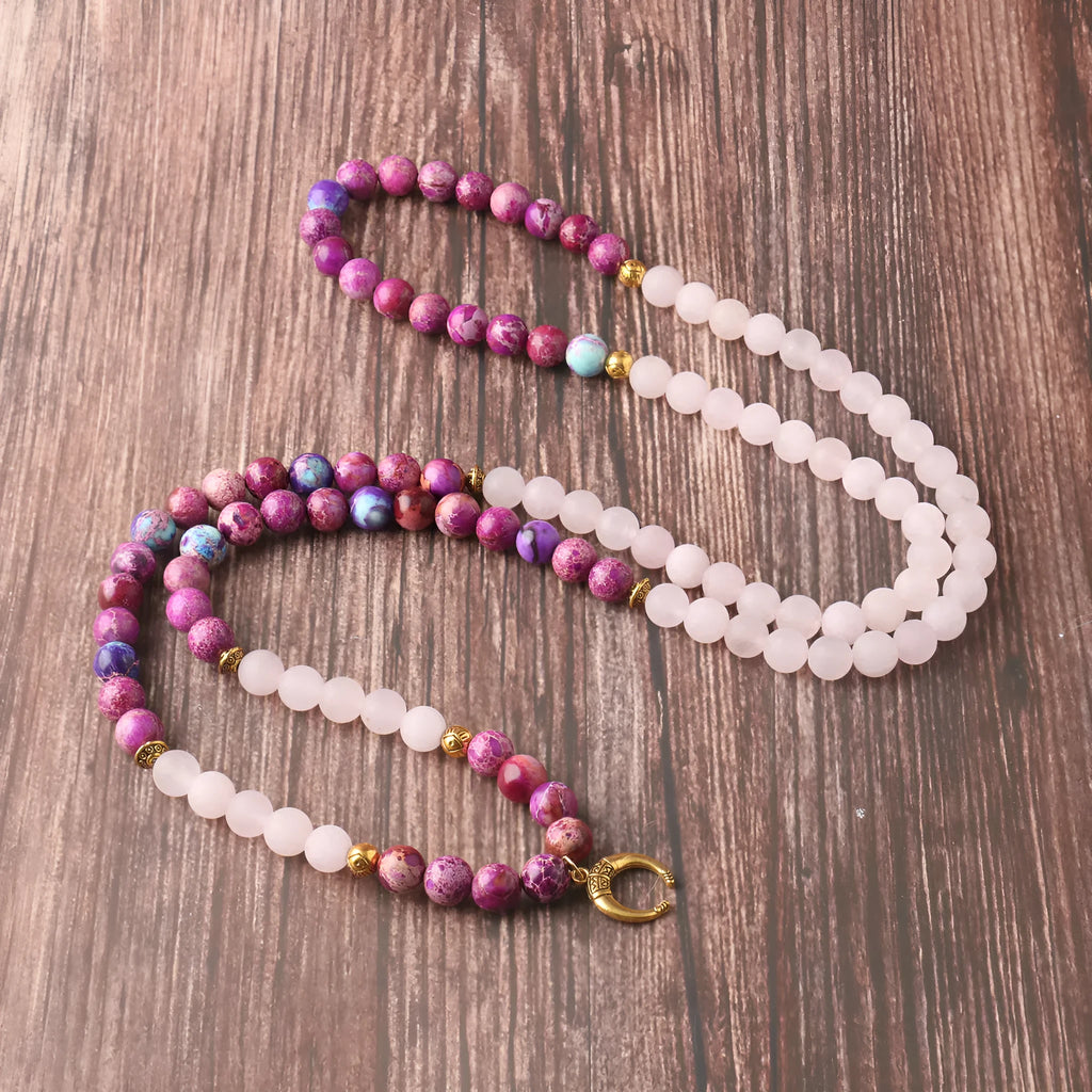Women's personalised pink crystal emperor stone bead necklace with round pendant for casual wear