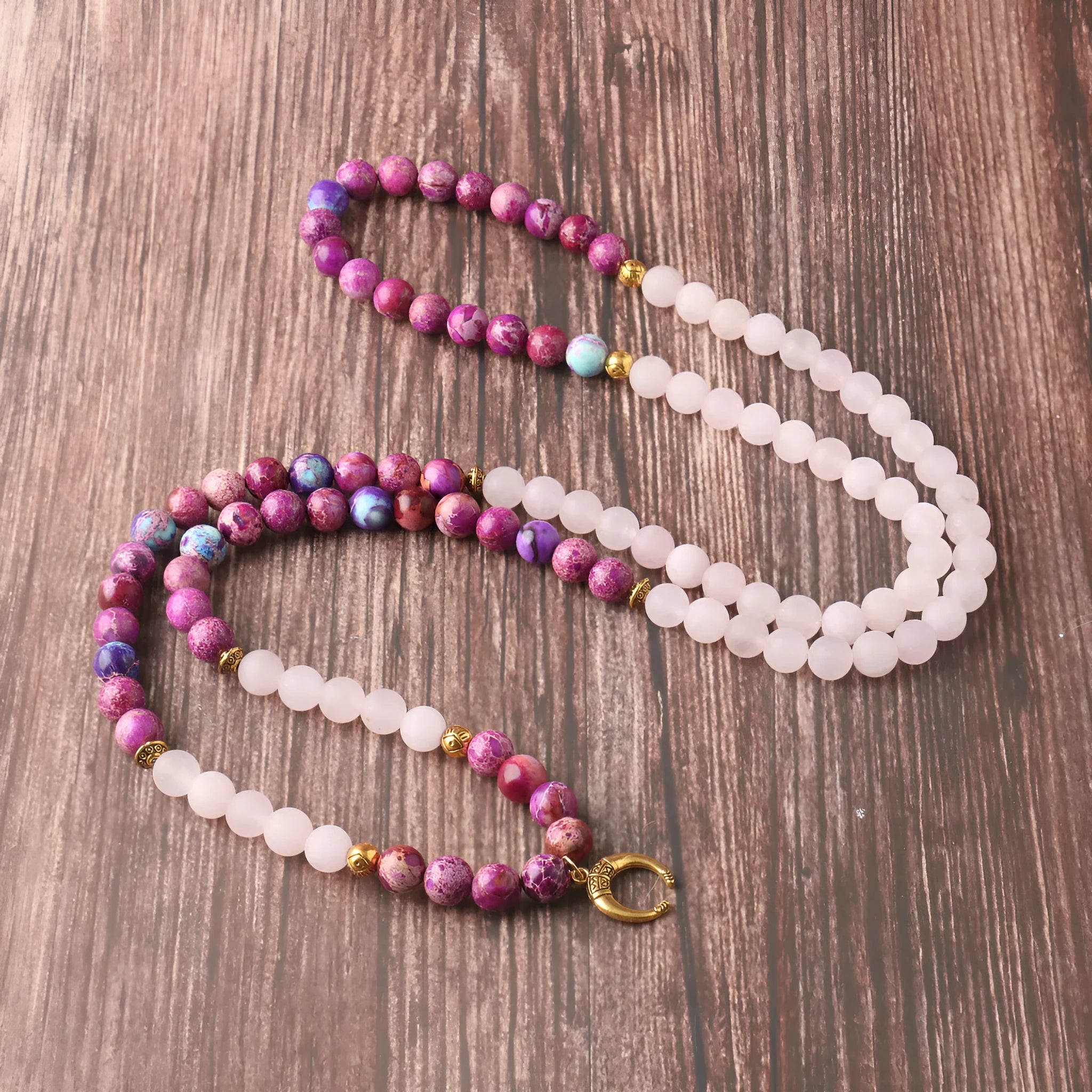 Women's personalised pink crystal emperor stone bead necklace with round pendant for casual wear