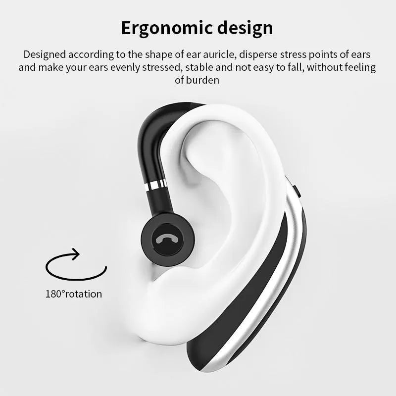 Wireless ear Bluetooth headset with hanging ear design in black, featuring battery display for calls and music