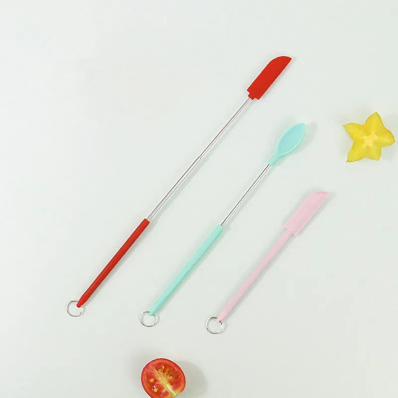 Mini retractable silicone cosmetic spatula and scraper set in pink, black, red or green two-piece suit