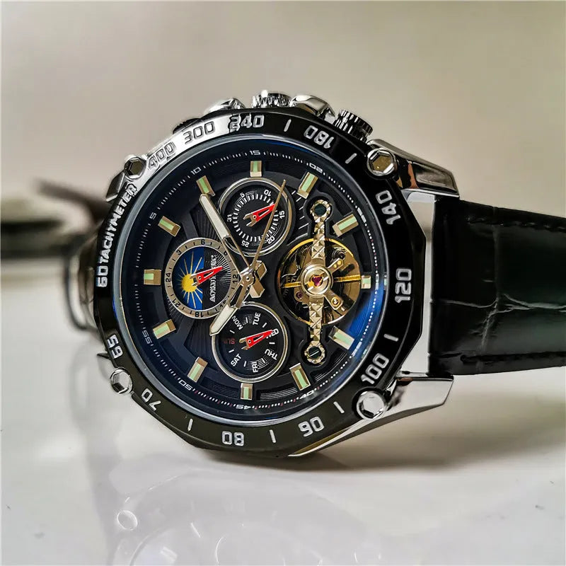 Men's automatic mechanical watch showing 12mm thickness with black steel, natural silver, and gold steel colour options