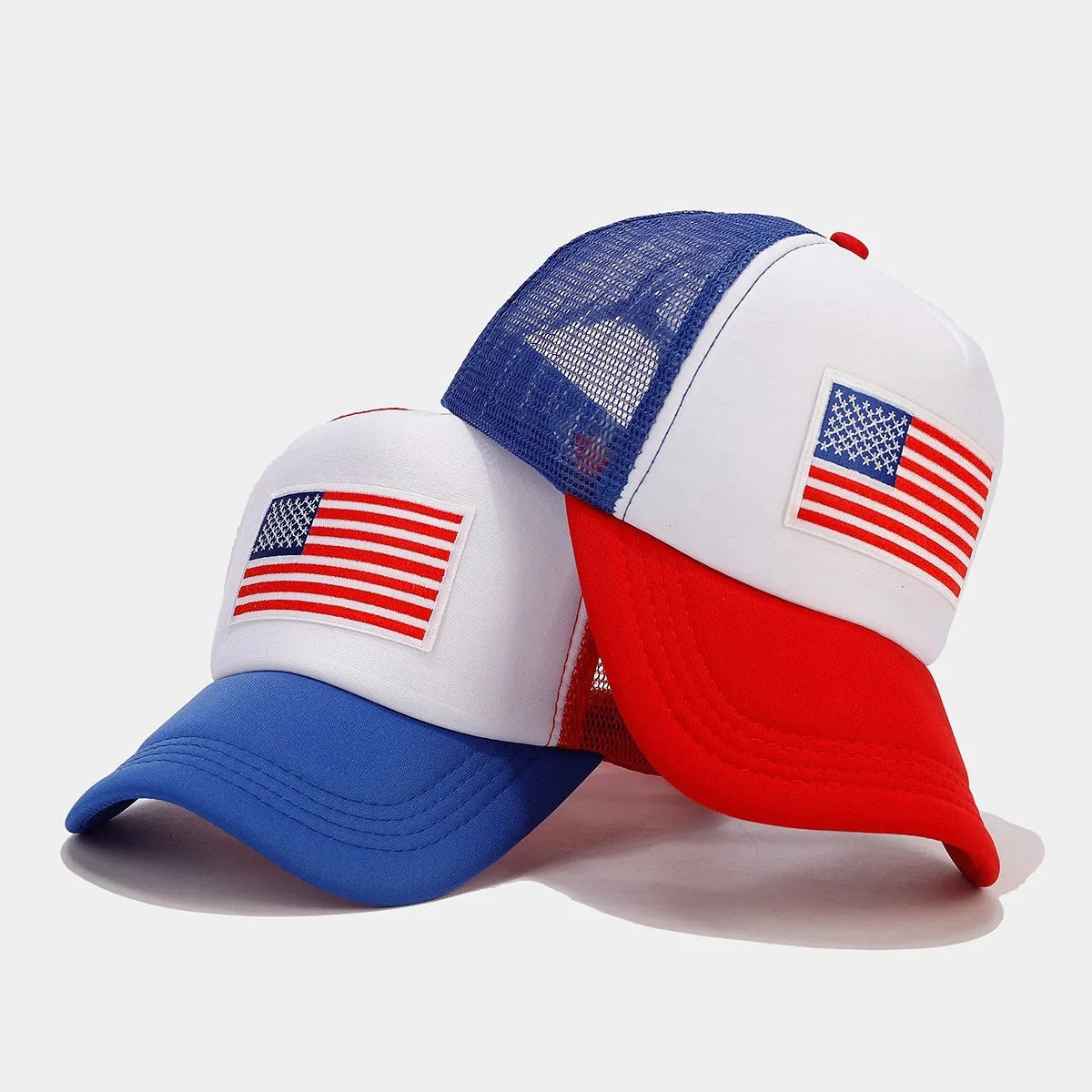 Red and blue contrast mesh baseball cap with adjustable strap and breathable space cotton fabric