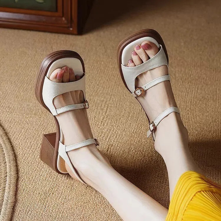 Women's open toe square toe retro platform sandals in brown colour showing PU upper and rubber sole construction