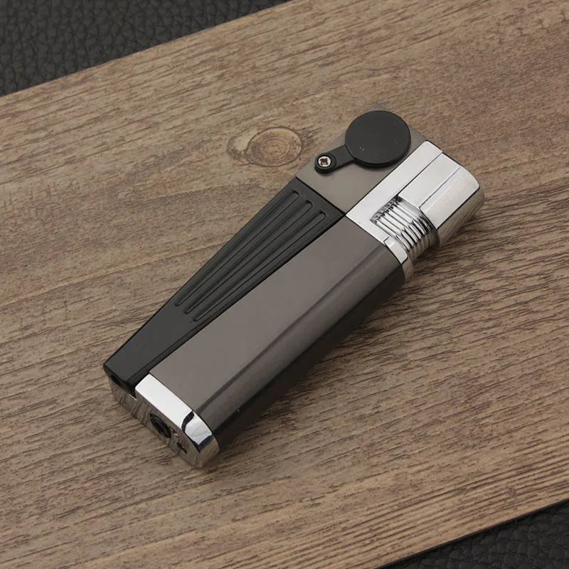 Silver foldable metal pipe lighter showing open flame and stash compartment.