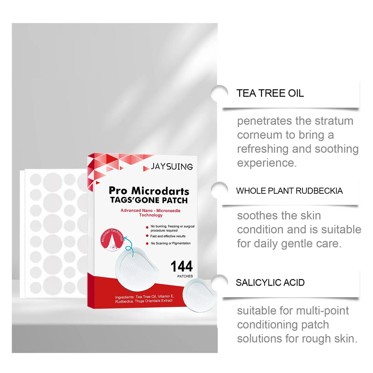 Micro needle wart removal care patch pack with 144 patches and tea tree oil, vitamin E, and Rudbeckia laciniata