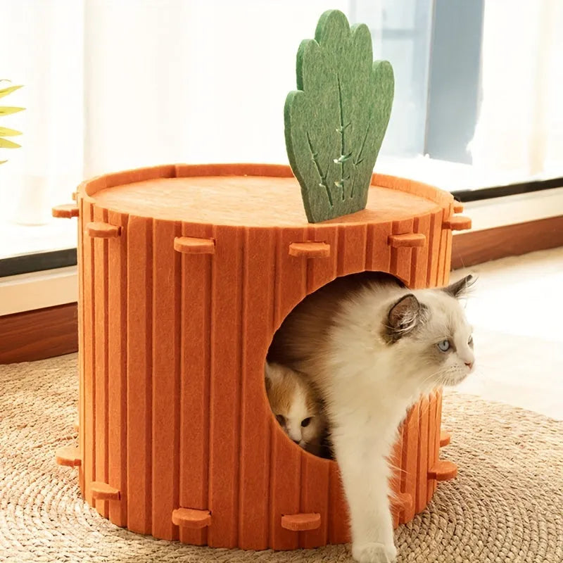 Carrot-shaped grey felt cat nest tunnel with a round entry hole, shown in medium and large sizes.