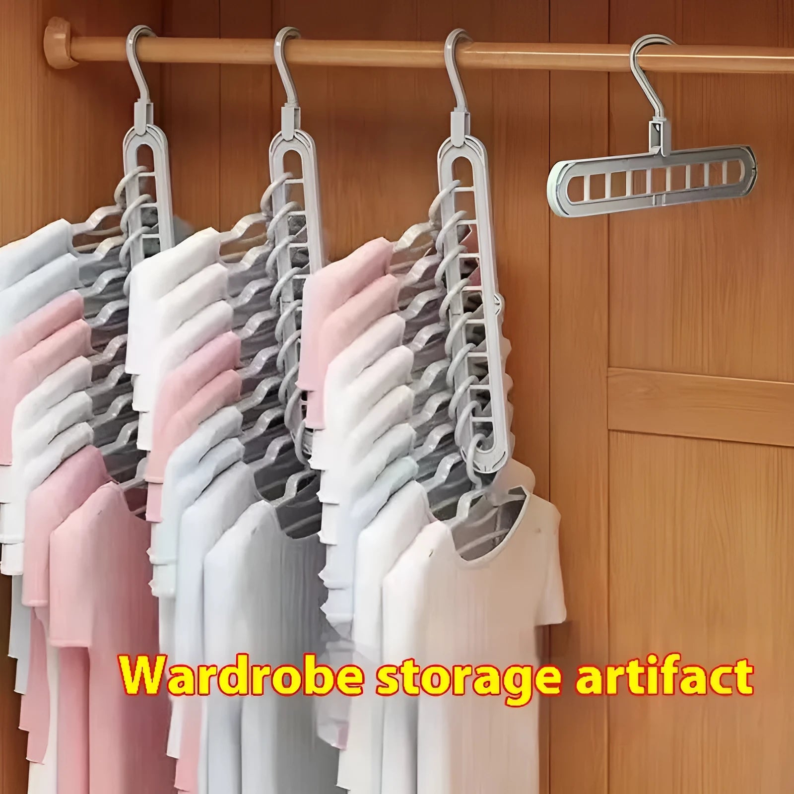 Multifunctional plastic hanger with nine holes for trousers, shown in folded position for space saving