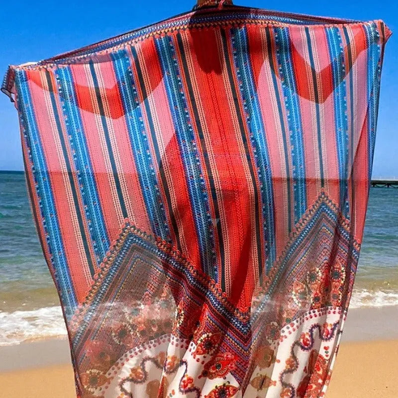 Women's three-piece swimsuit set showing high-waist briefs, sleeveless cutout blouse, and matching coat.
