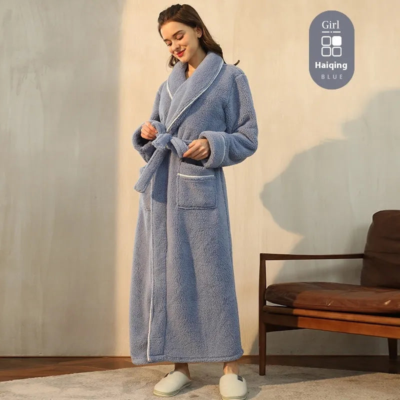 A super thick flannel couple's bathrobe for winter, shown in a colour option like navy blue or emerald green.