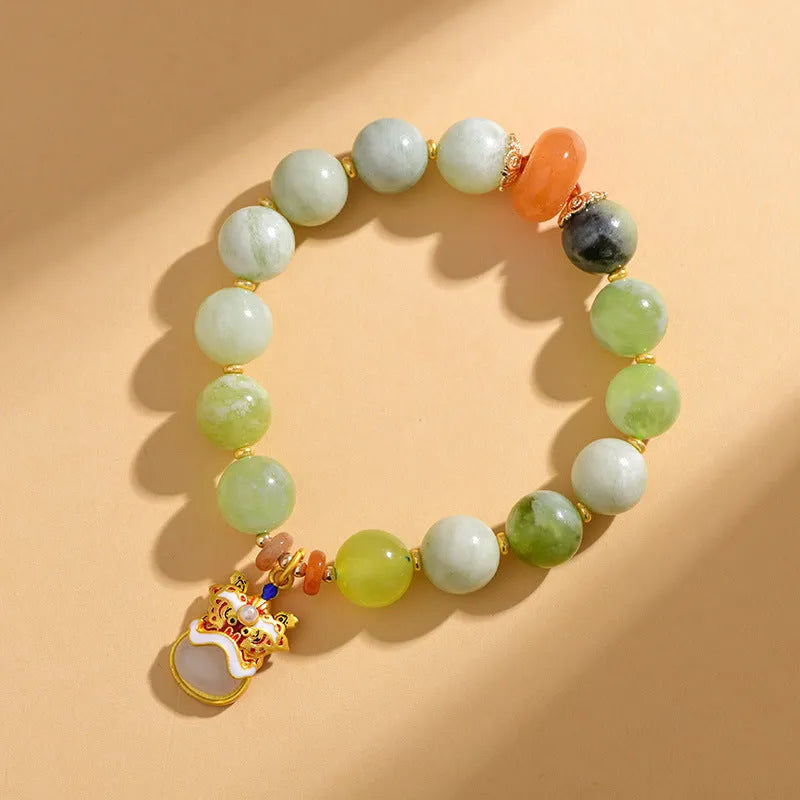 Green milk-in-water Xingshi pendant on handmade jade bracelet with 10mm geometric beads