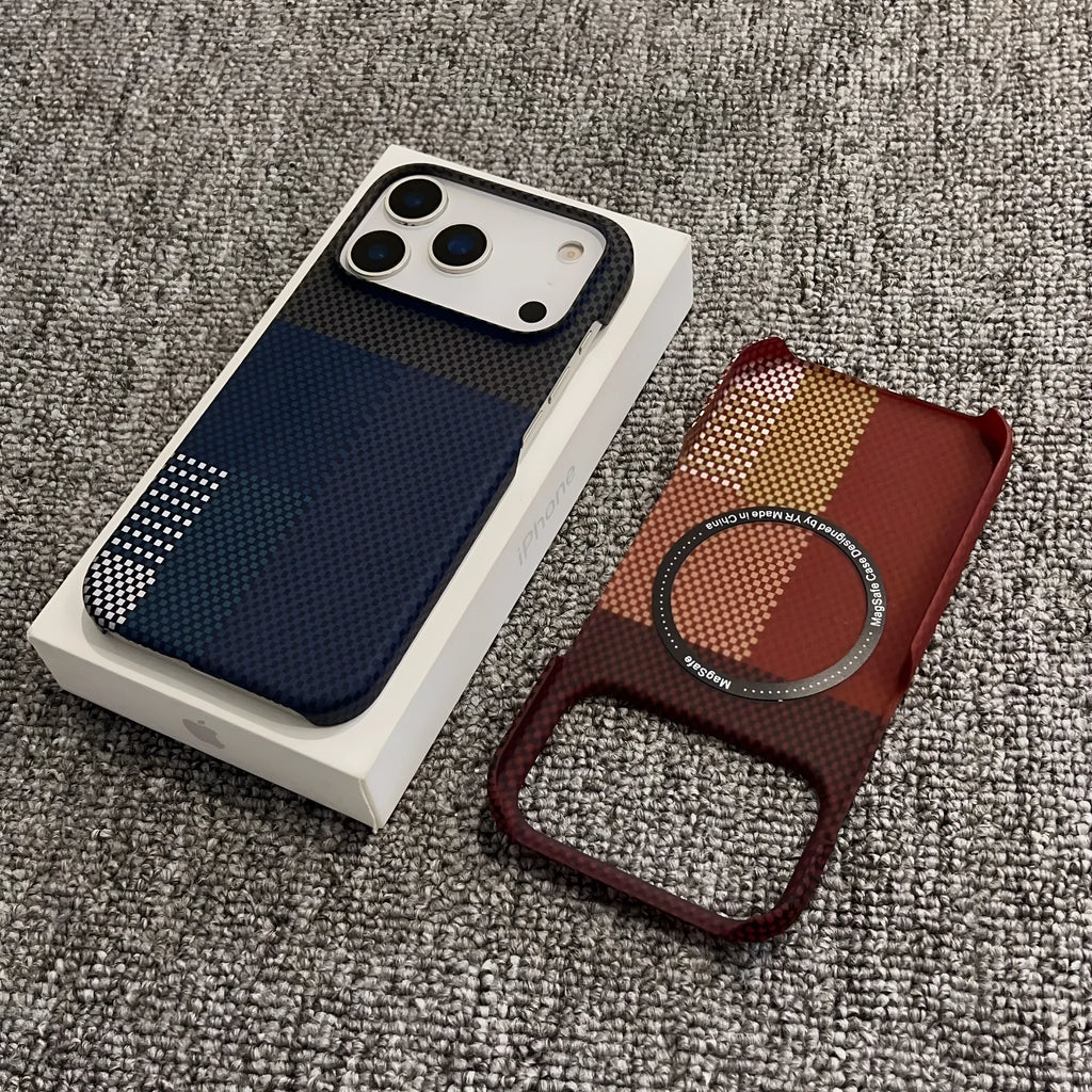 PC magnetic half-pack phone case for iPhone 17 Pro Max with plaid gradient design in Sunset Gold, on a flat surface