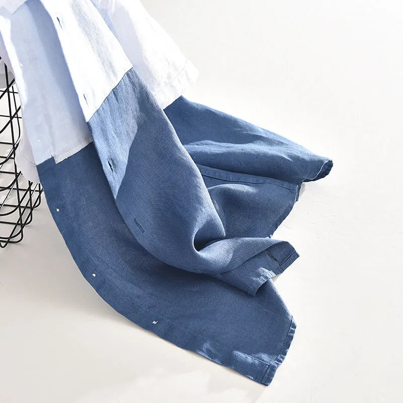 Men's white linen patchwork short sleeve shirt with square collar and loose cardigan-style fit, sizes M to 3XL.