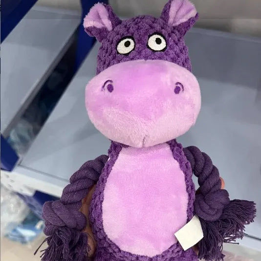 Plush hippo dog toy with cotton rope for tug of war and training, soft plush material.