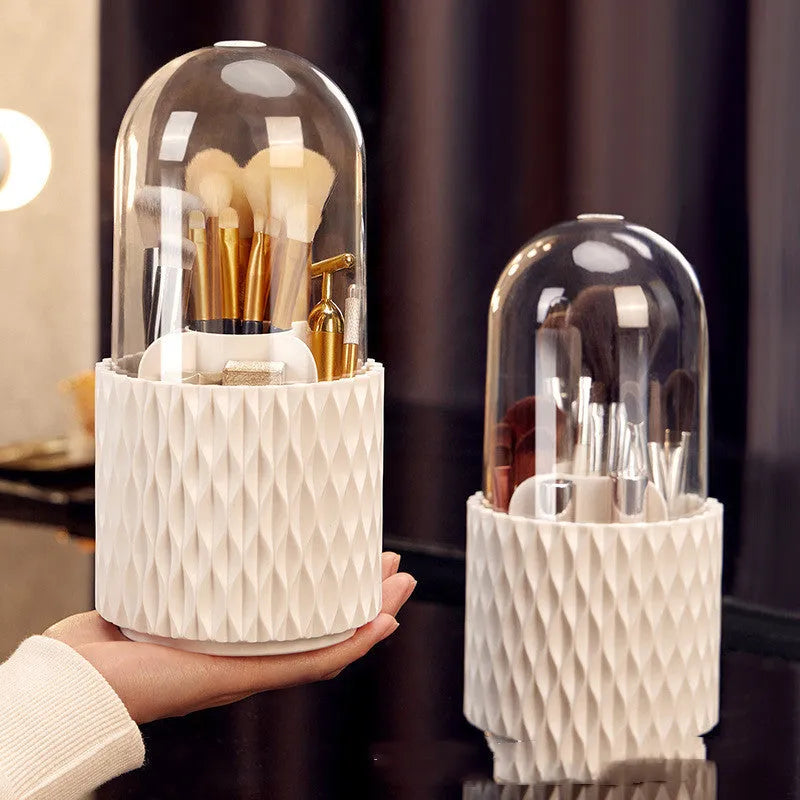 White transparent acrylic rotating makeup brush storage holder with dust-proof lid on desktop