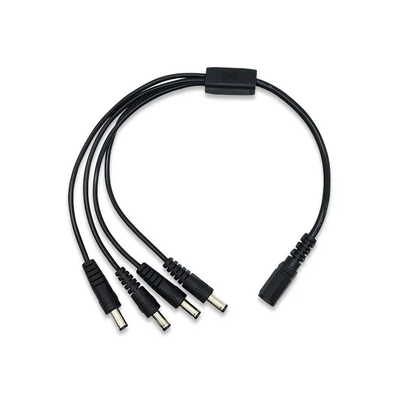 Black 12V DC 1-to-4 monitoring power splitter cable with 5.5mm connectors for CCTV cameras