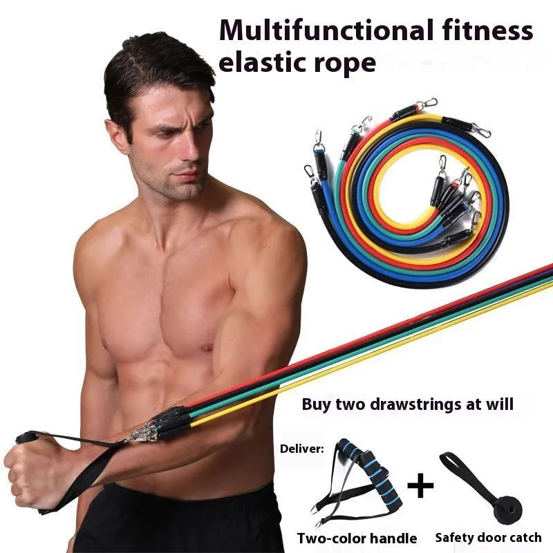 11-piece door sports combination pulling rope fitness set with large hook and small hook options on a white background.