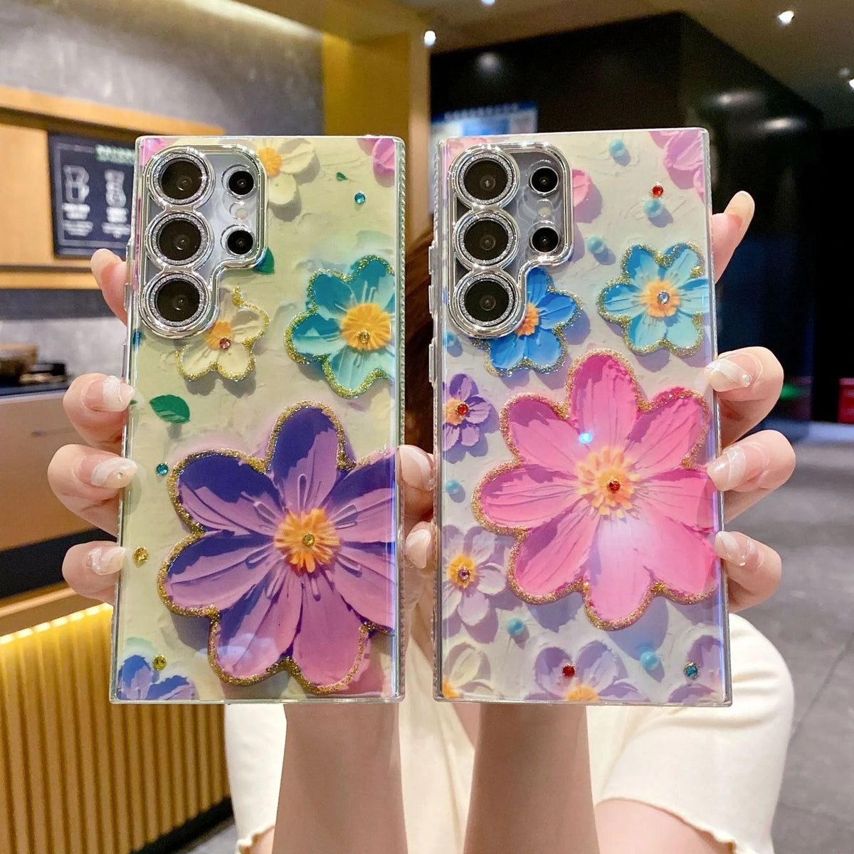 Rhinestone oil painting flower phone case for Samsung, TPU acrylic, electroplated, anti-fall, lens fine hole