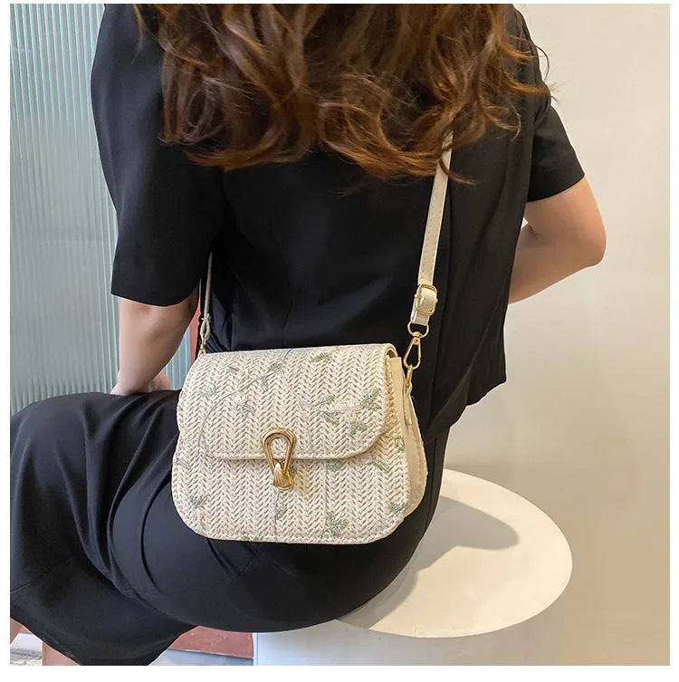 Straw woven satchel handbag with floral pattern in white colour option, single shoulder strap, summer beach bag
