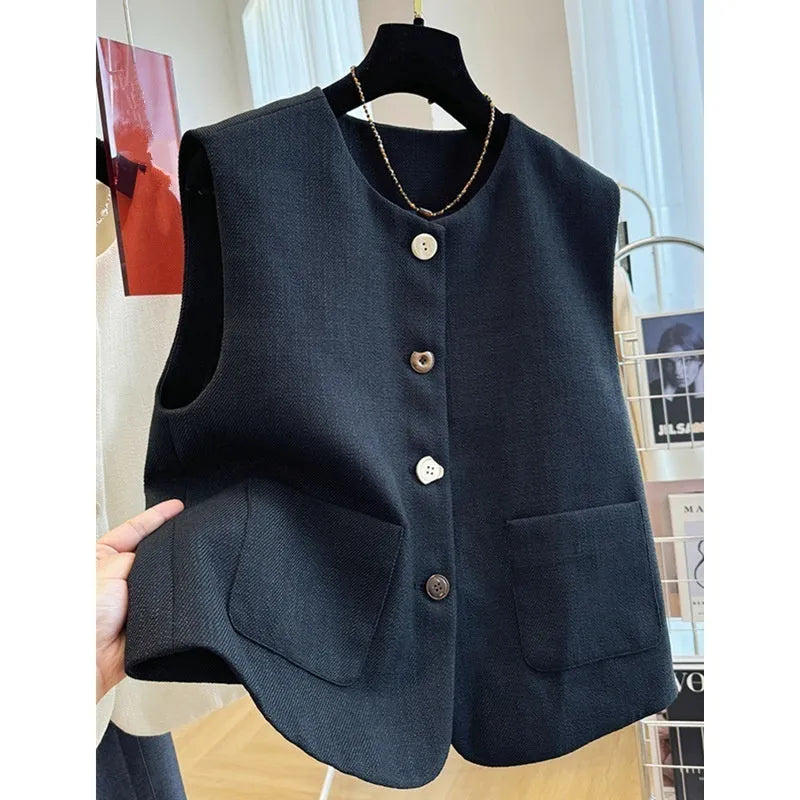 Women's French style round neck sleeveless vest in black polyester bandage design
