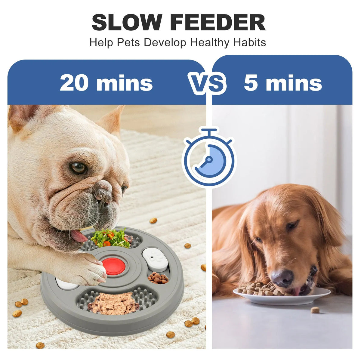 Grey and blue 23cm PP plastic slow feeder bowl with 2 in 1 lick mat surface and four anti slip pads for cats and dogs