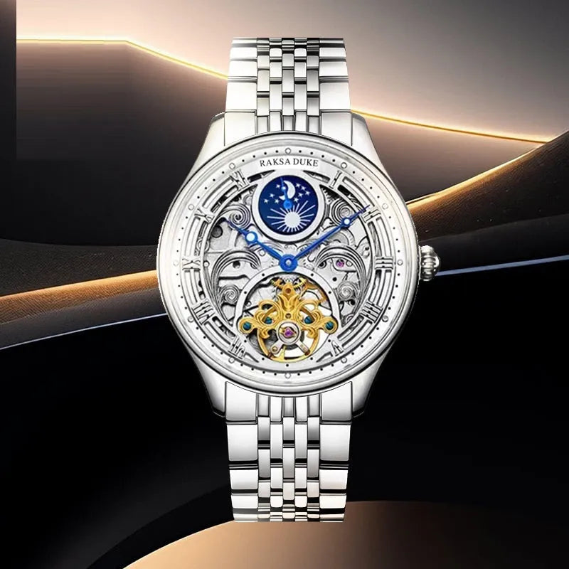 Men's waterproof business watch with stainless steel strap showing 16mm thickness and rose gold or white case options.