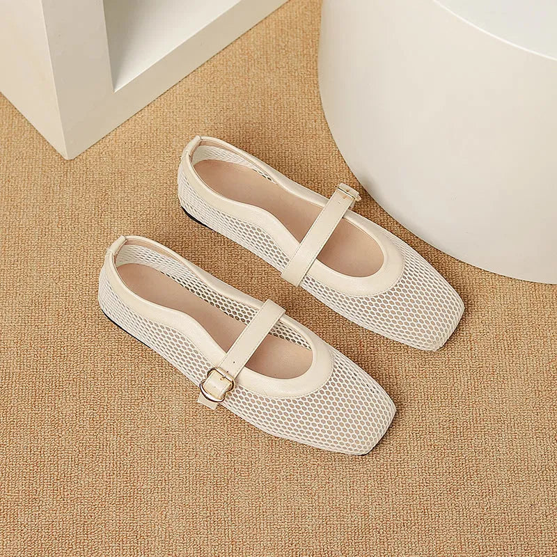 Women's beige mesh summer shoes with buckle fastening and flat square toe