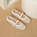 Women's beige mesh summer shoes with buckle fastening and flat square toe