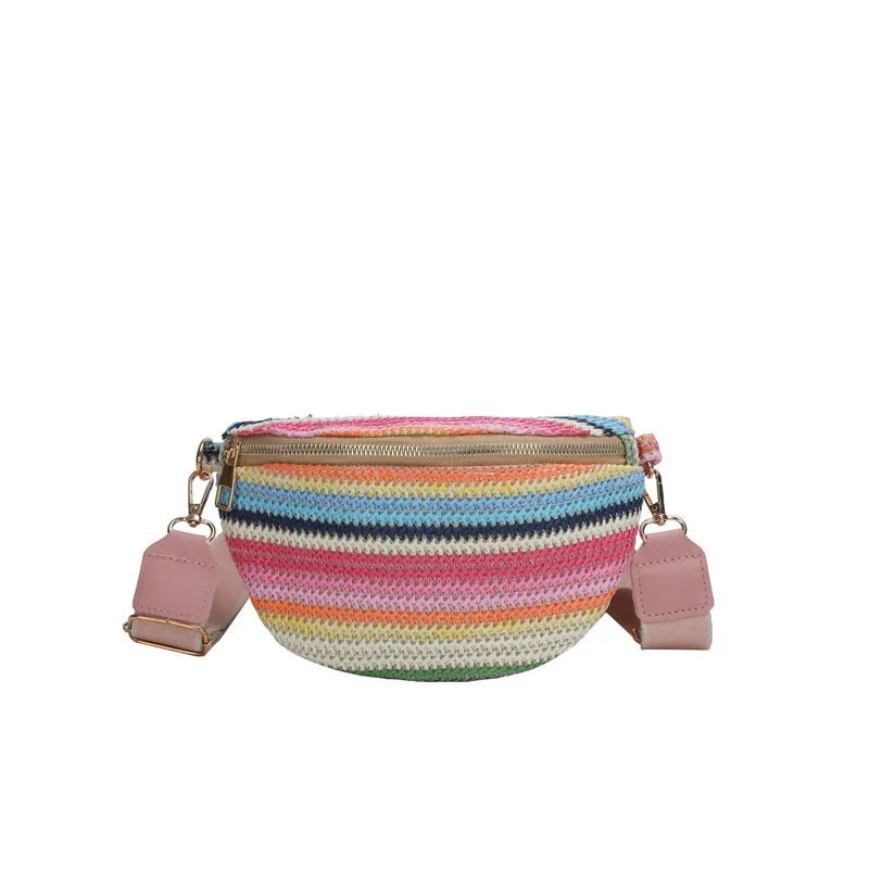 Bohemian style woven straw beach bag with single shoulder strap in blue colour
