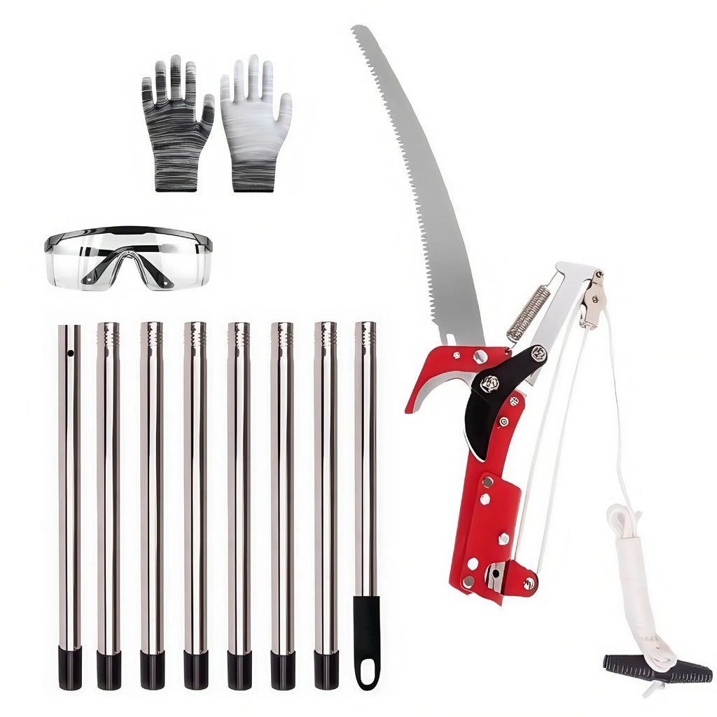 Pull rope pruning shears with 8-section 3.3m metal pole for high branch cutting