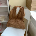 Women's retro knitted wool shoulder tote bag in a solid colour with double straps, shown with a 55cm width.