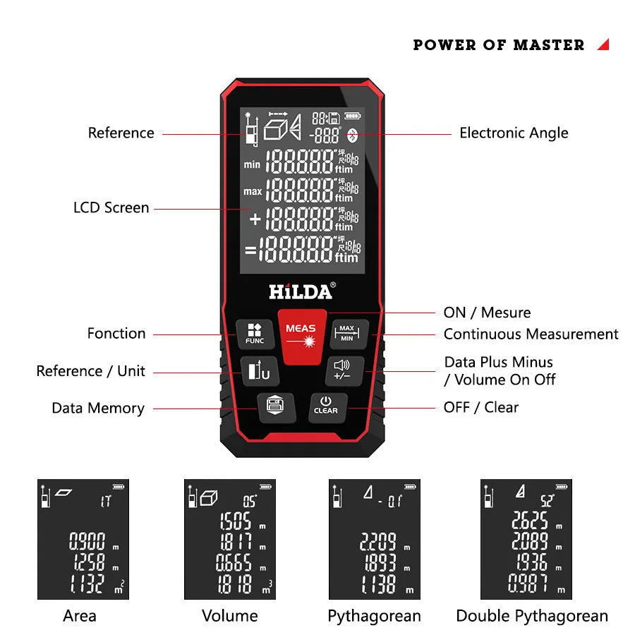 A handheld plastic laser rangefinder for measuring distances up to 120 metres.
