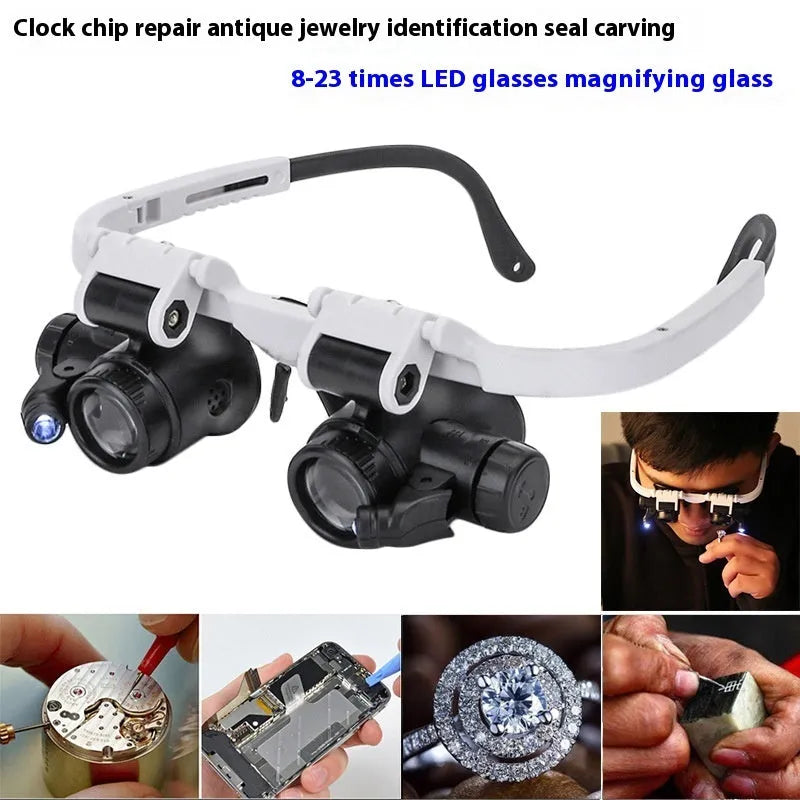 White head mounted magnifying glass with 30 optical glass lenses, folded ABS plastic frame, and LED light for close-up work