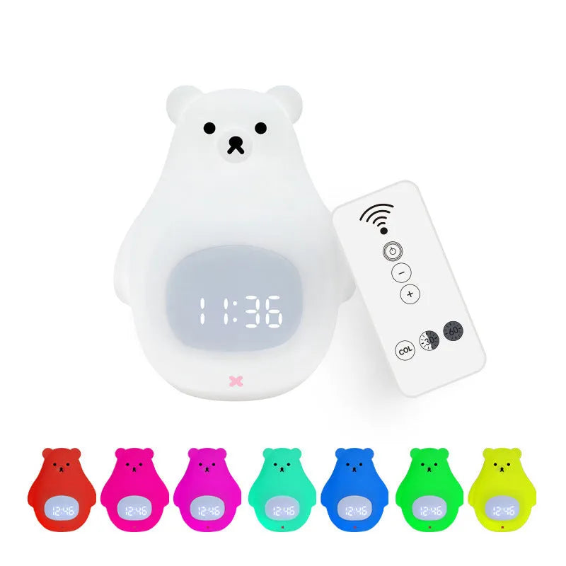 A white silicone night light shaped like a bear with a sleep timer and remote control.