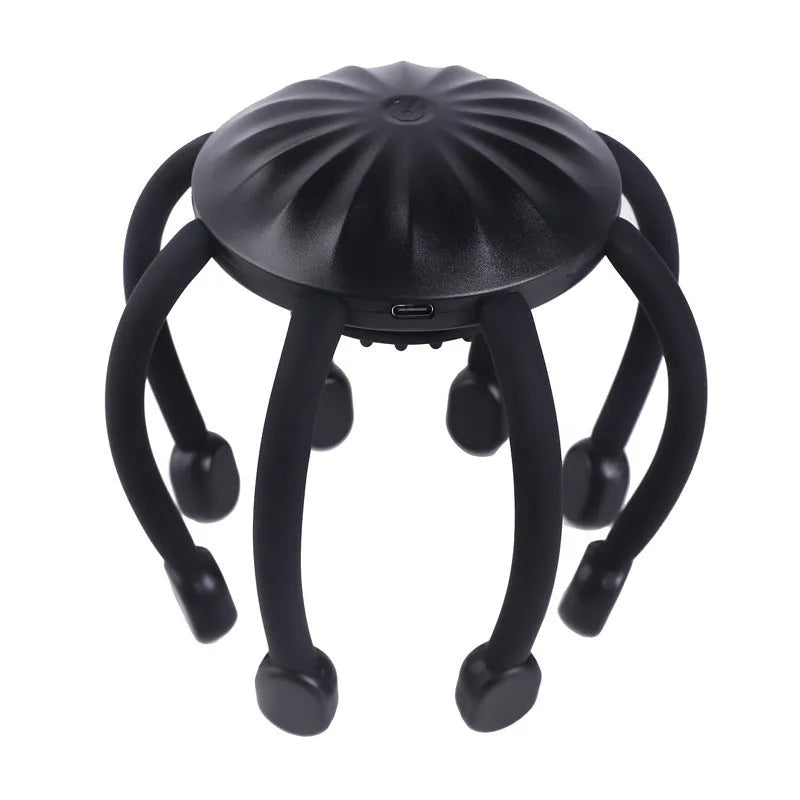 Black or white USB head massager with multiple claws for scalp vibration.