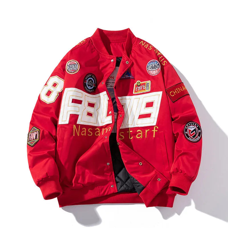 Black American motorcycle baseball uniform jacket with side pocket, shown in loose fit