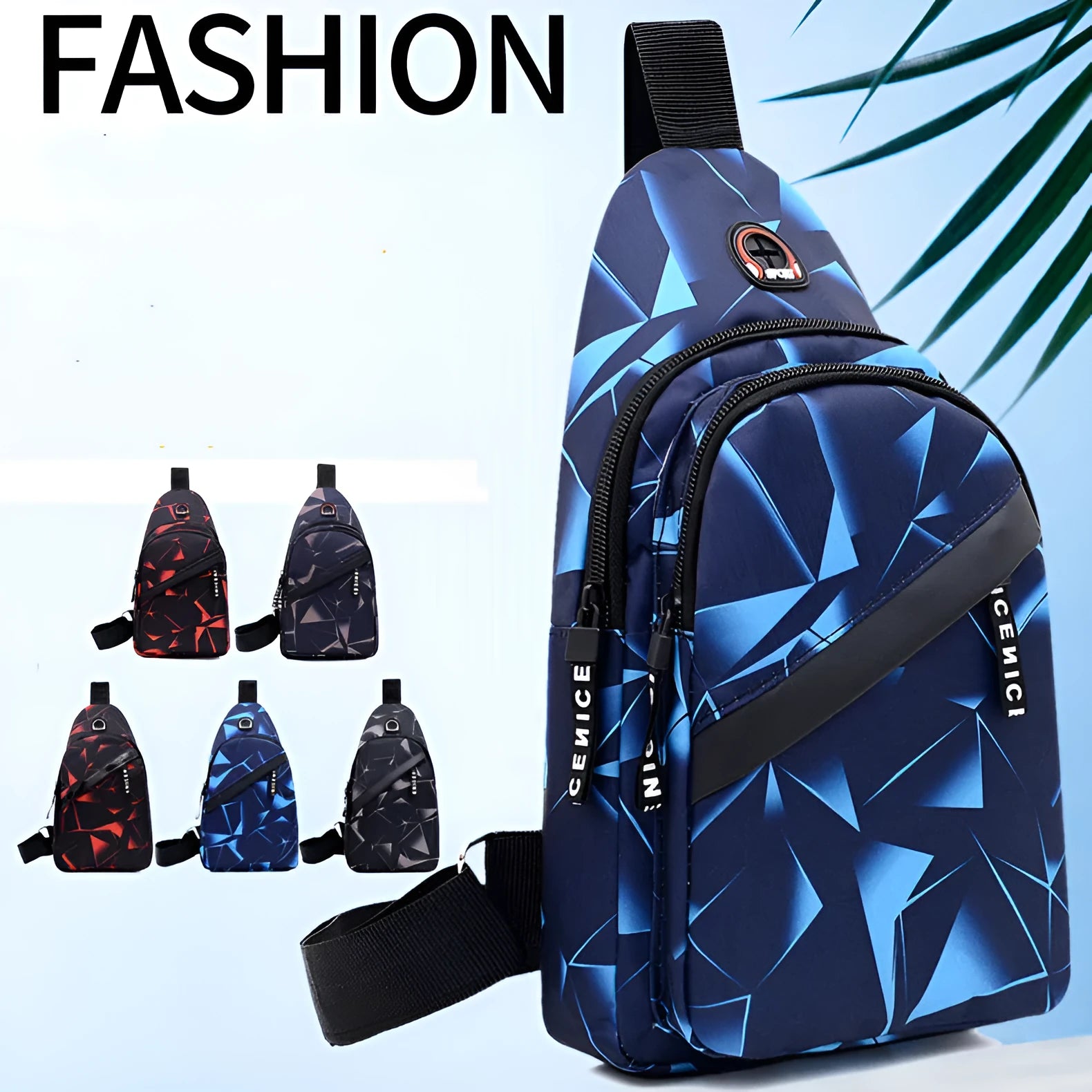 Blue print sling chest crossbody bag for men with an earphone hole and zipper opening.