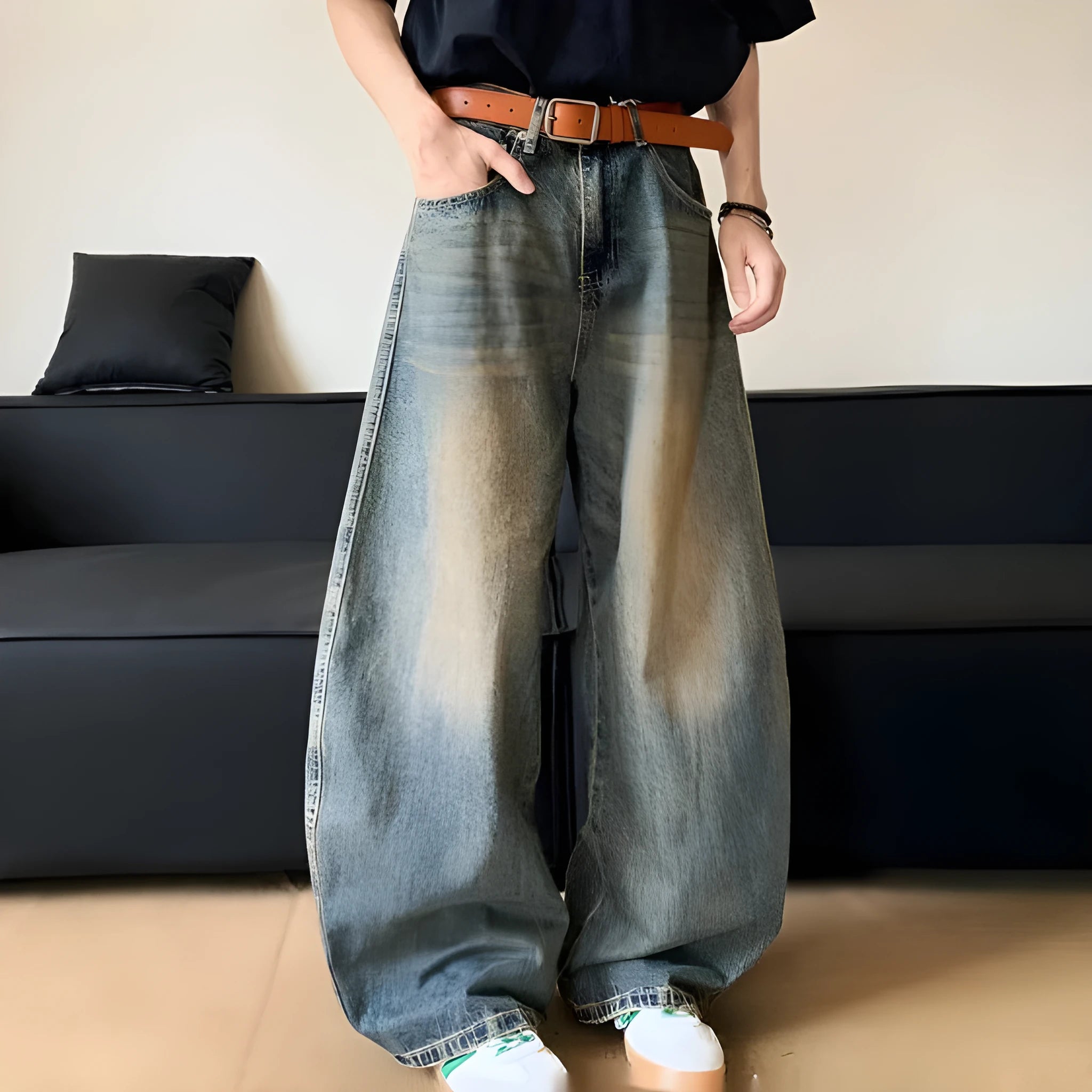 Men's retro blue distressed denim wide-leg pants with micro-elastic fabric