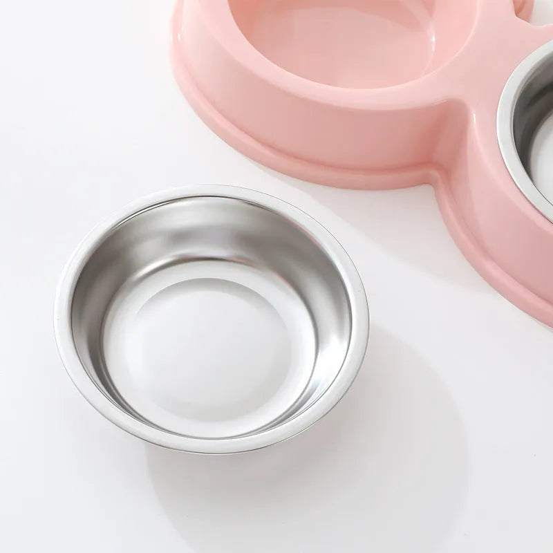 Stainless steel pet double bowl with non-slip frog base in blue, green, and pink colour options