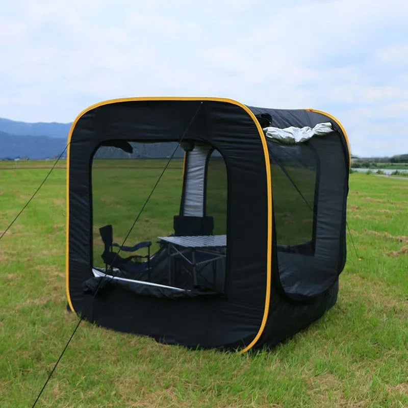 Black pop-up car tail tent with quick throw setup shown unfolded to 200x200x200cm dimensions