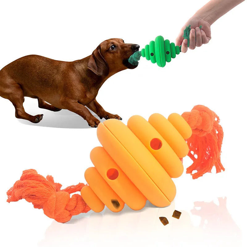 Green and yellow silicone dog ball with integrated rope, showing split spiral design for treat dispensing.