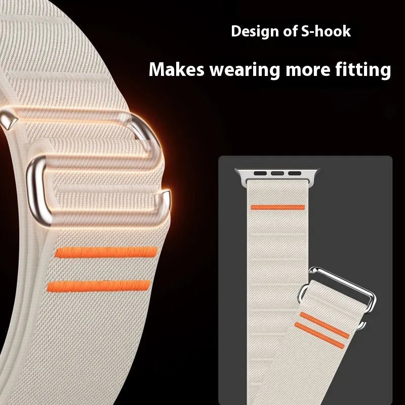 Elastic nylon watchband with stainless steel buckle for Apple Watch in various colours including black, ruby, and army green.